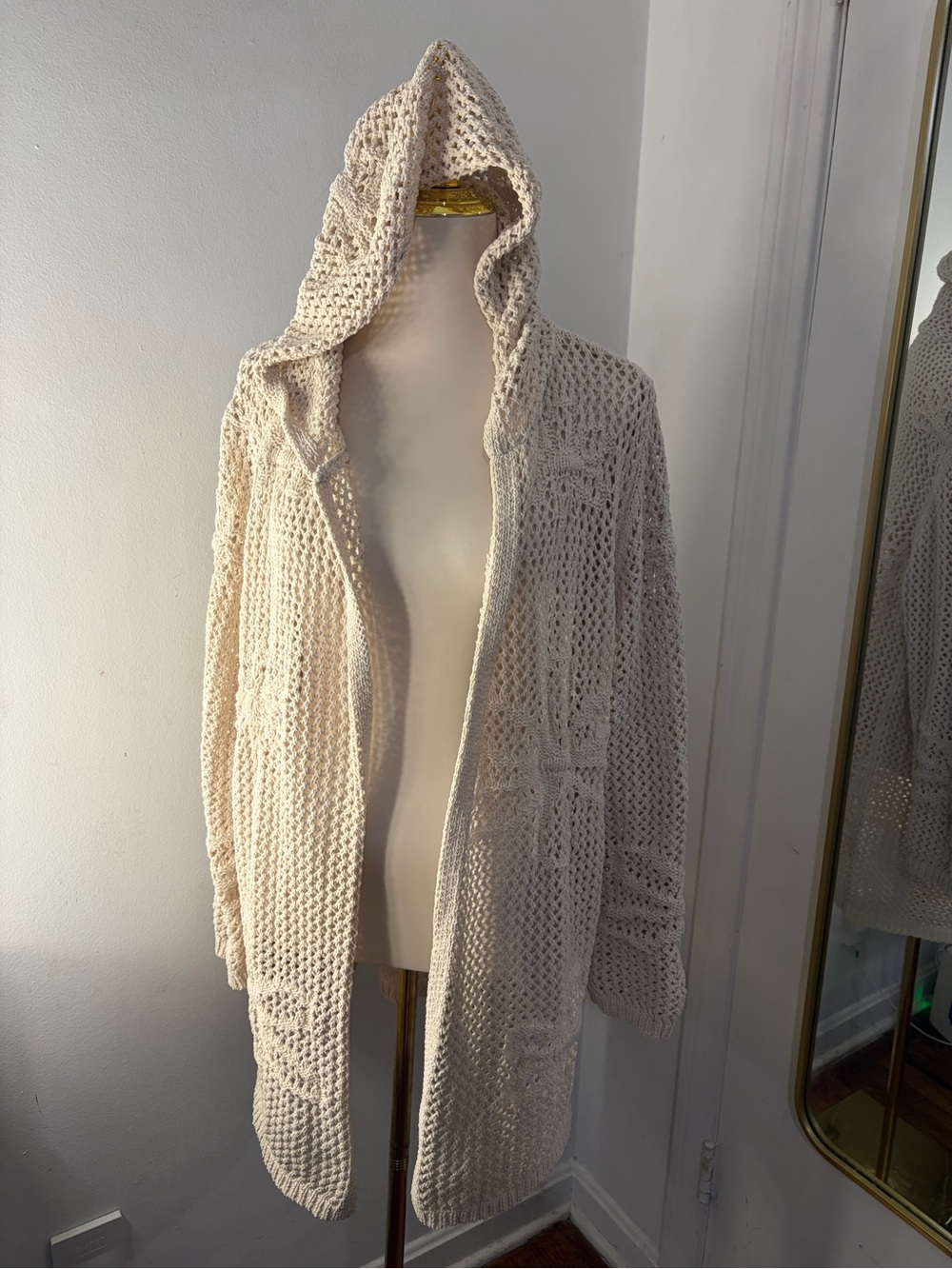Nicole Miller Artelier Cream Hooded Open-Front Knit Women’s Sweater Cardigan
